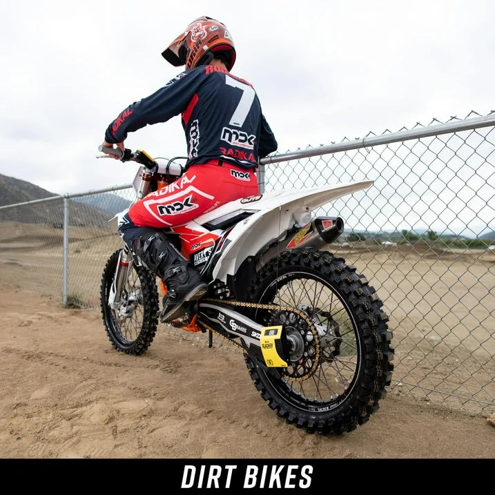 Slacker sag tool installed on dirt bike for suspension sag measurement and setup
