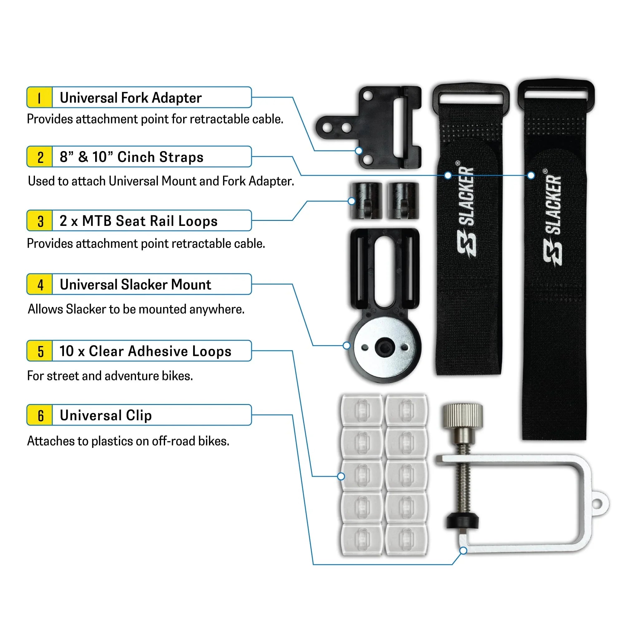 Slacker sag tool kit with mounting accessories straps adapters and clips for motorcycles