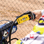 Slacker sag tool showing real time suspension sag readings on motorcycle handlebar