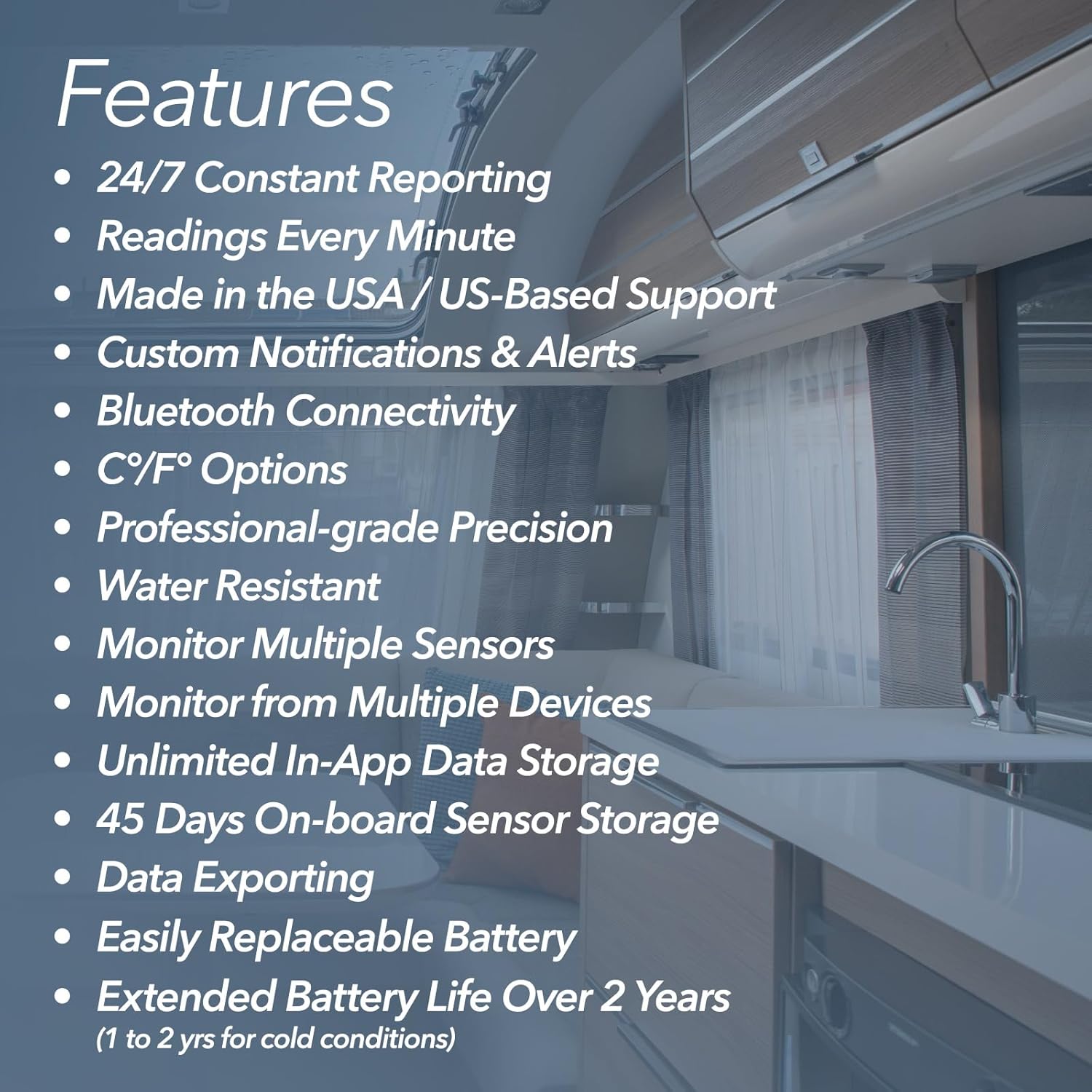 Smart temperature humidity sensor features including real time alerts Bluetooth connectivity and long battery life up to 2 years
