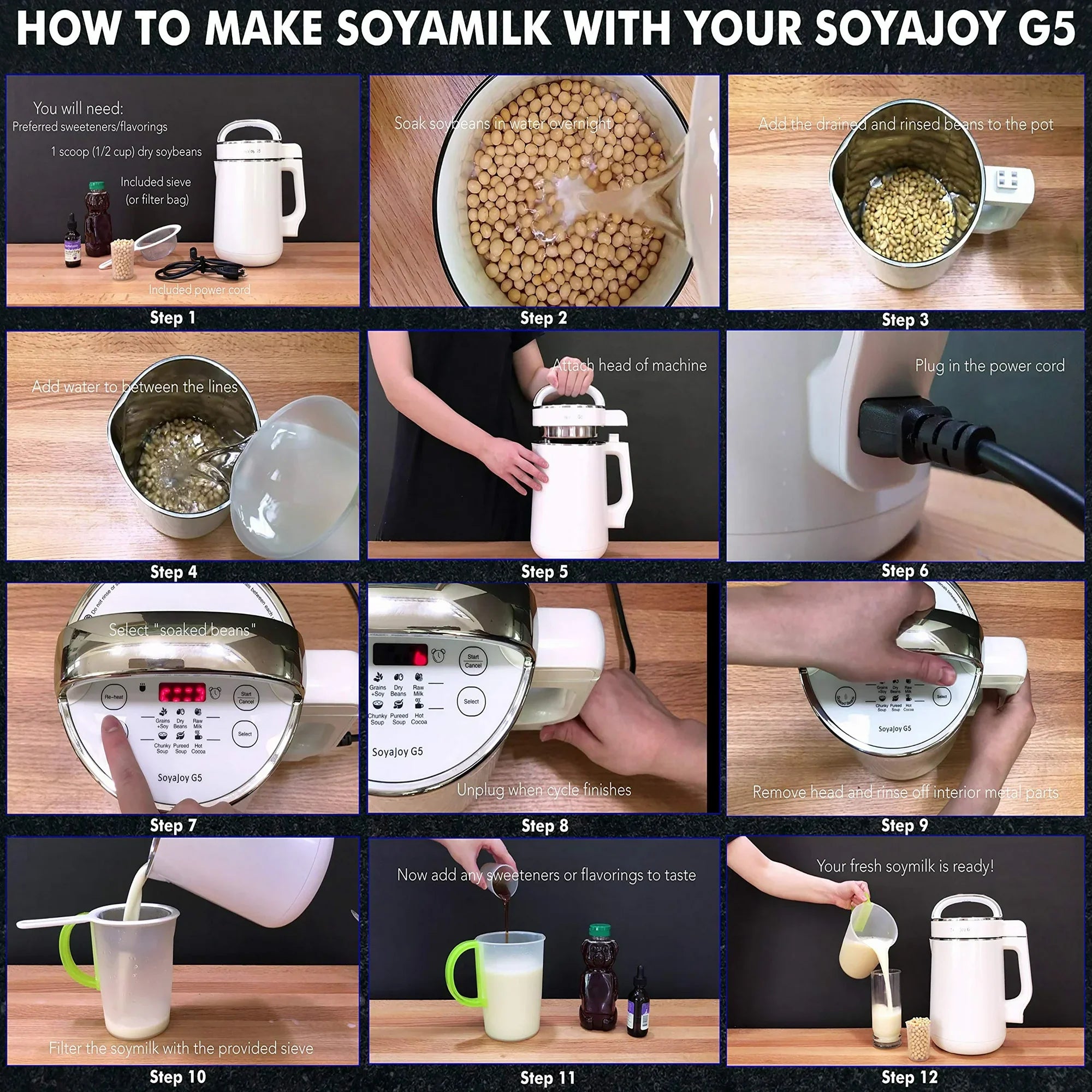 Step by step process of making soy milk using SoyaJoy G5 from soaking beans to final milk