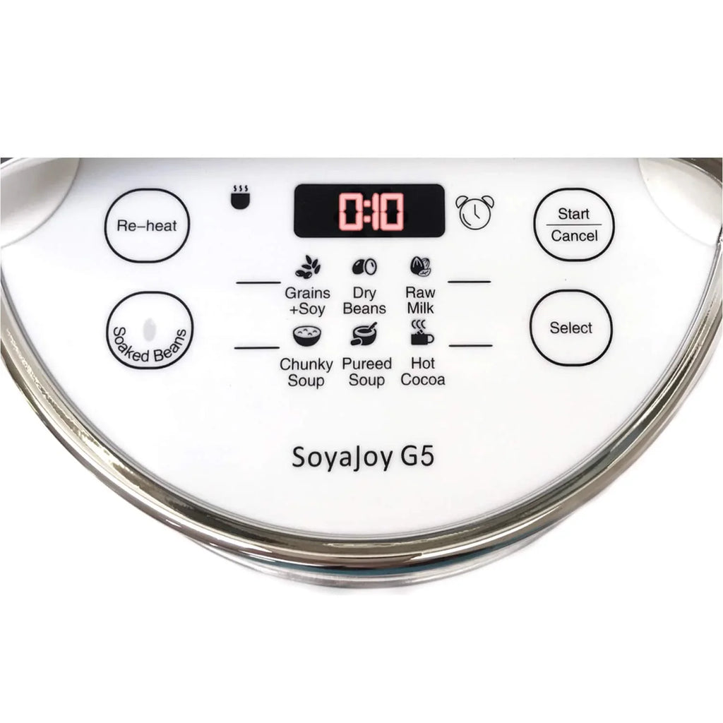 Top view of SoyaJoy G5 control panel with soy milk, soup, and grain settings
