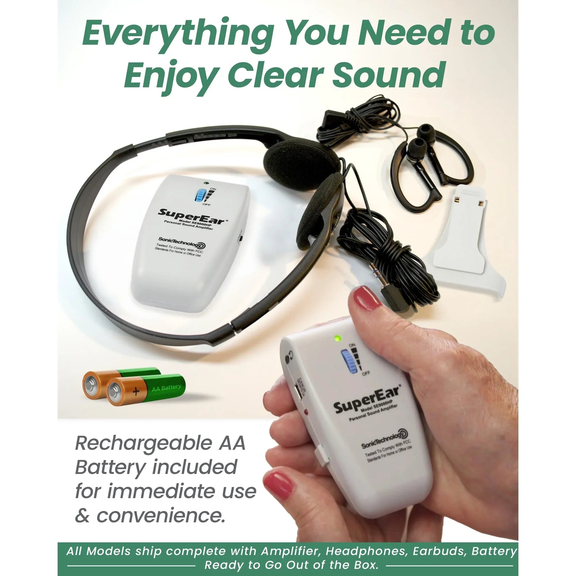 SuperEar SE9000HP personal sound amplifier complete kit with handheld device and accessories