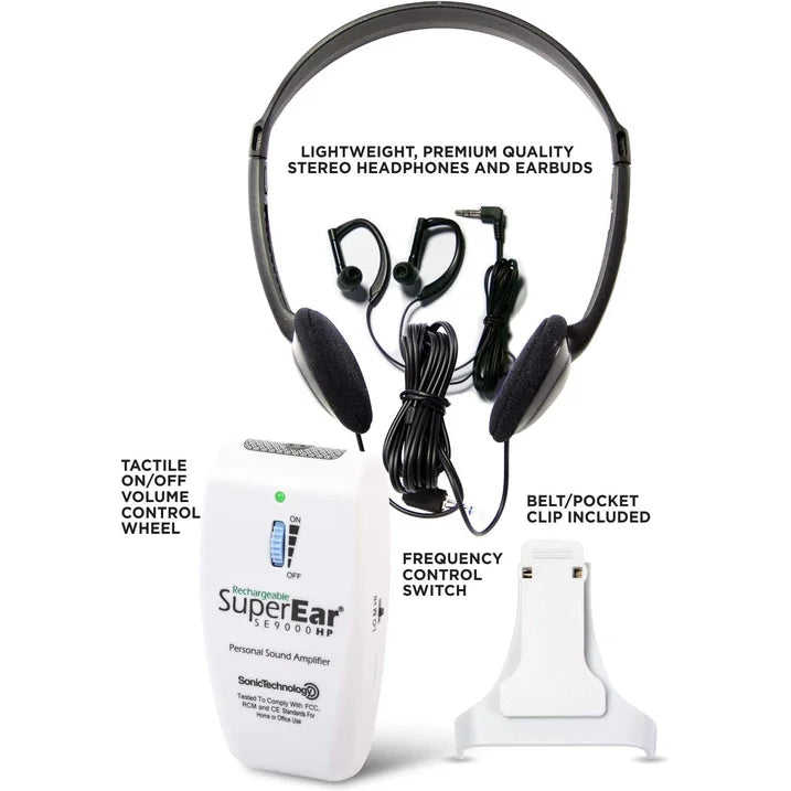 SuperEar SE9000HP features including headphones earbuds volume control and belt clip