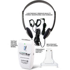 SuperEar SE9000HP features including headphones earbuds volume control and belt clip