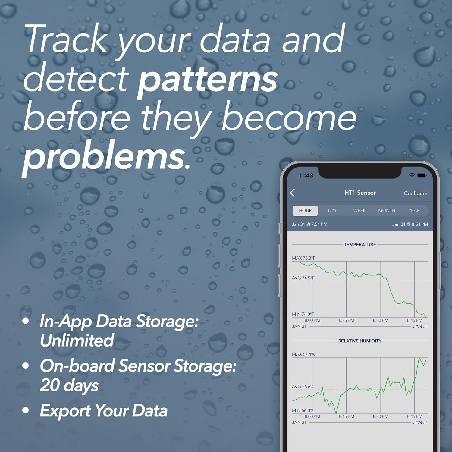 Mobile app showing temperature and humidity trends with detailed data tracking and pattern analysis