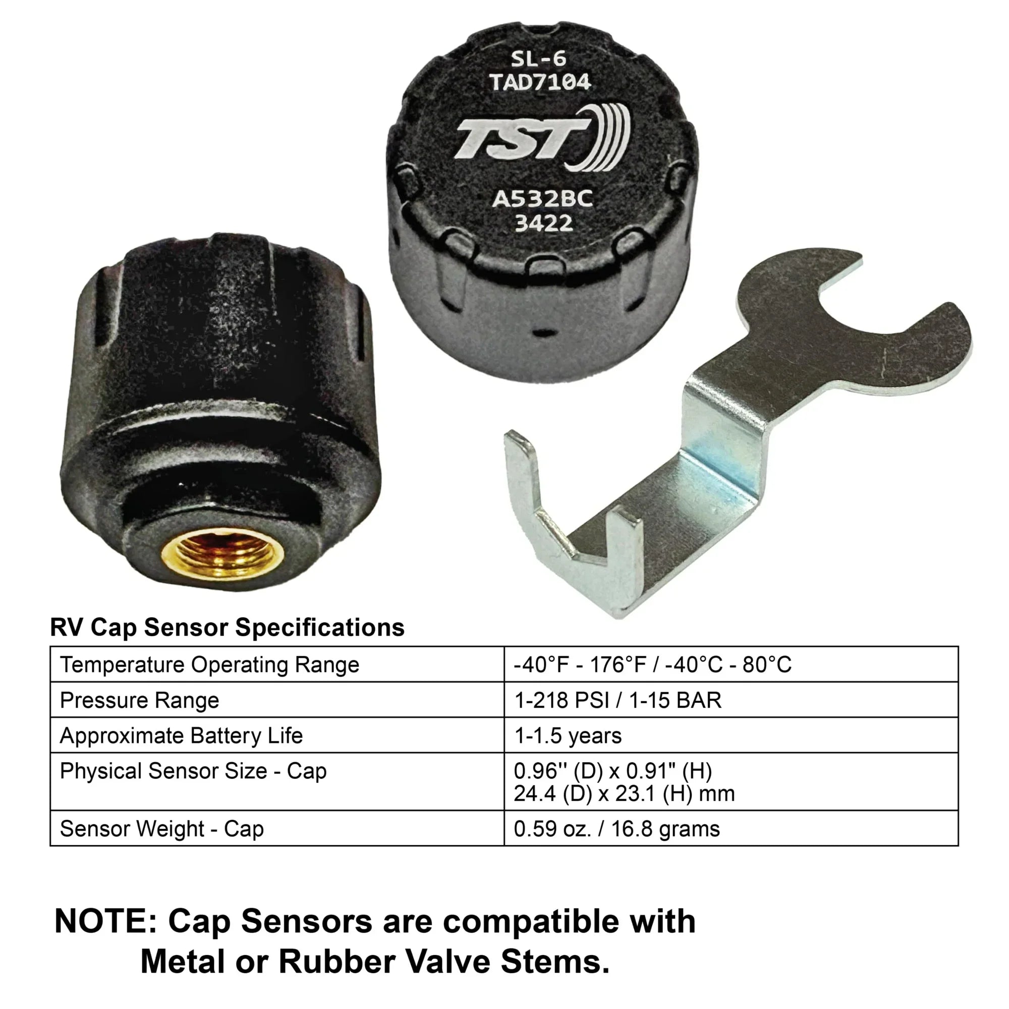 TST 507 cap sensor specifications showing pressure range, temperature range and battery life