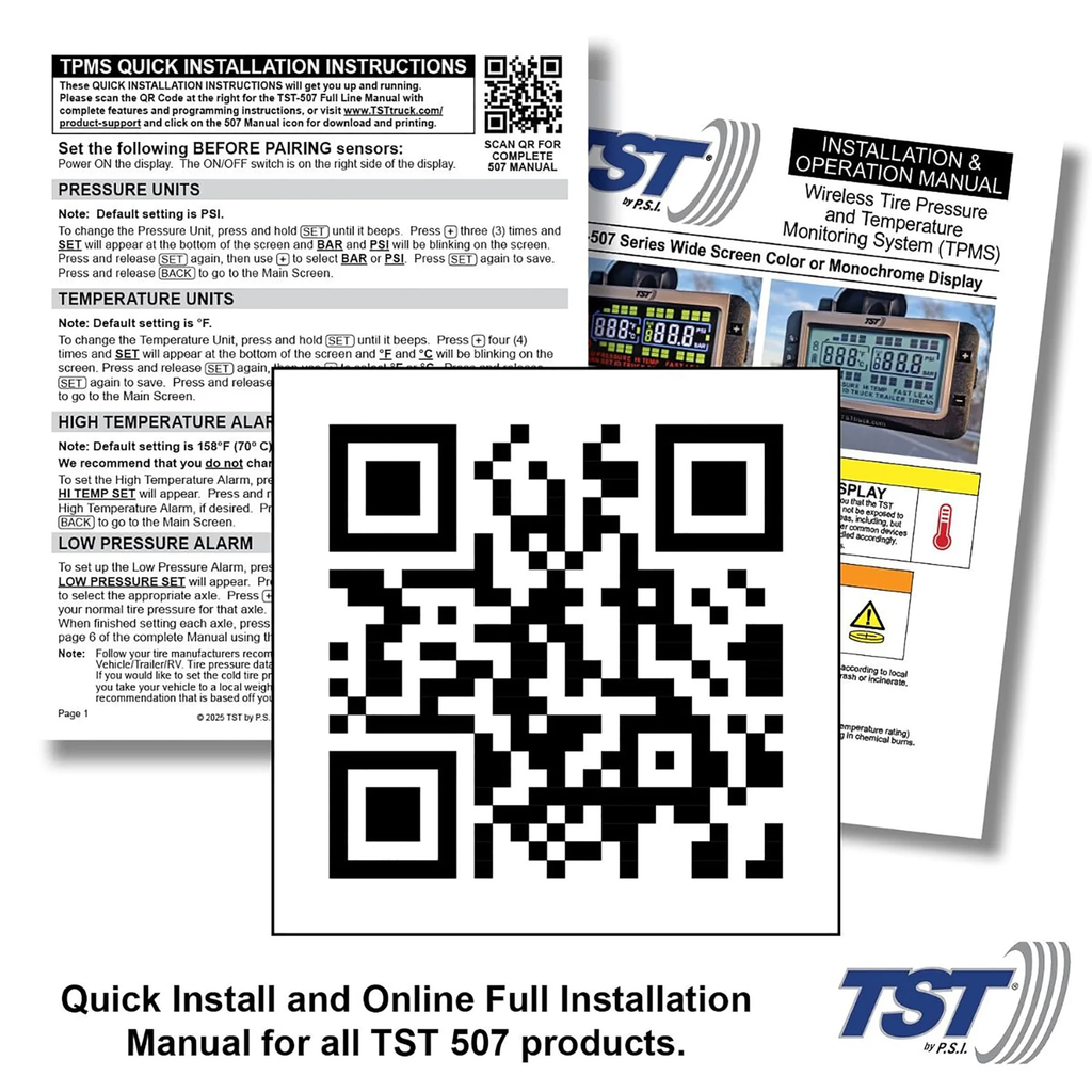 TST 507 TPMS installation instructions manual with QR code for setup guide