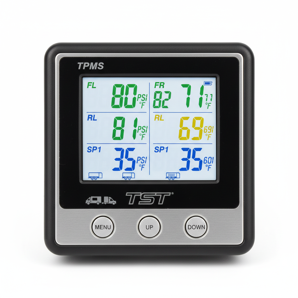 TST TPMS monitor showing real time tire pressure and temperature readings