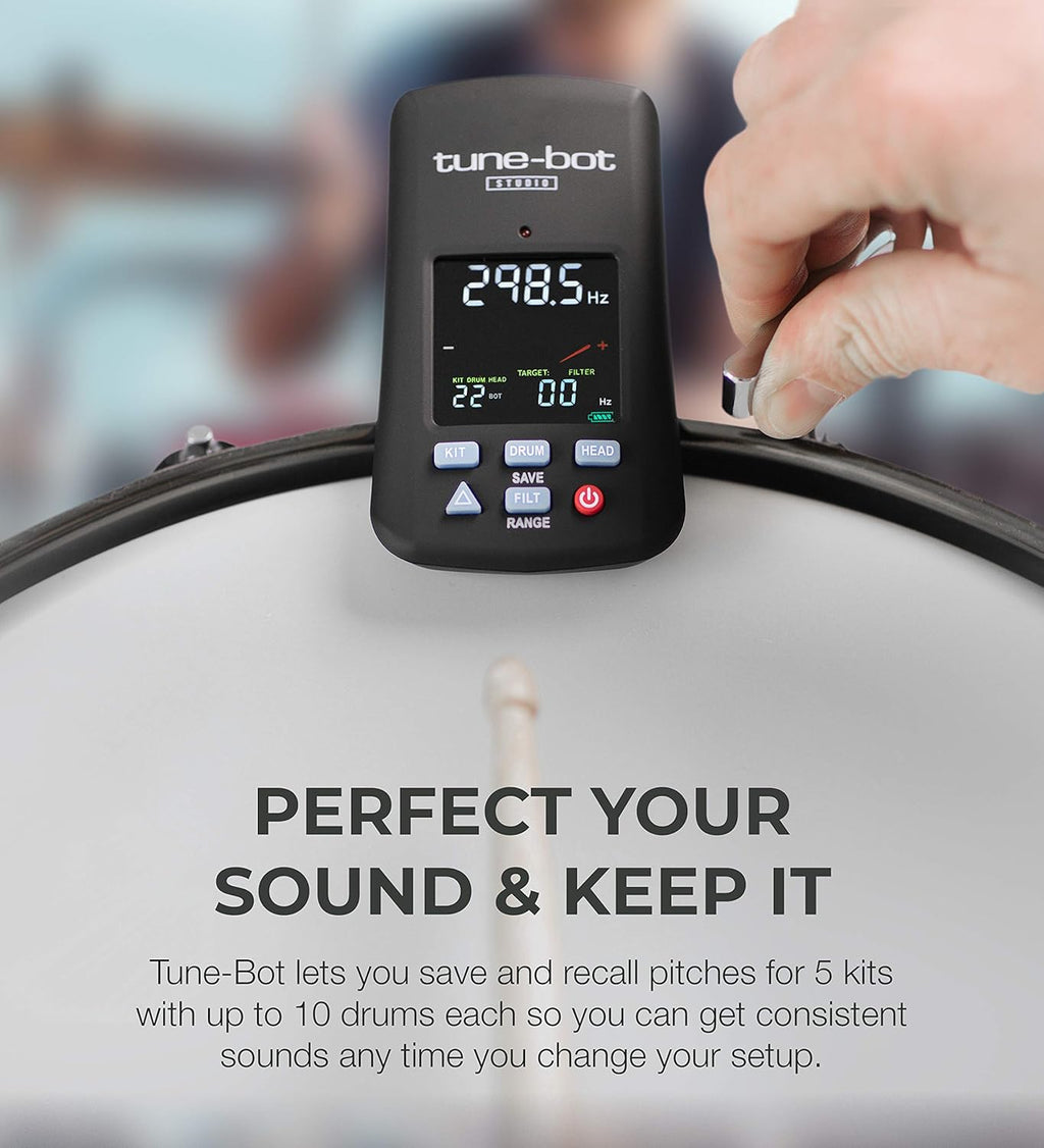 Tune-Bot Studio being used to tune drum head for precise pitch and consistent sound