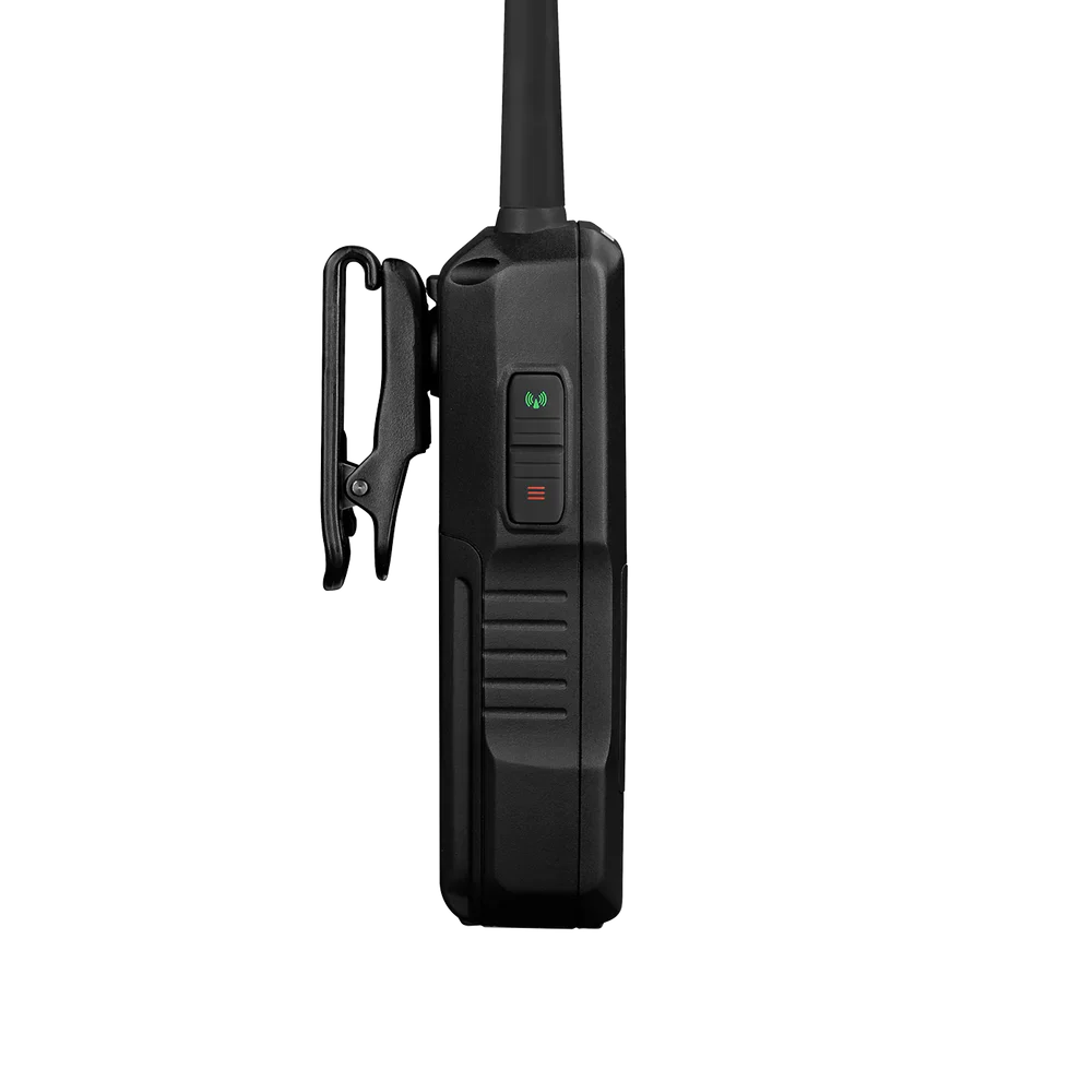 Uniden SDS100 handheld scanner side profile with belt clip and control interface