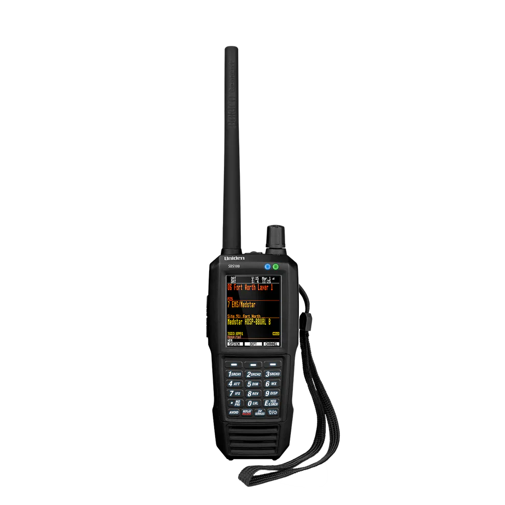 Uniden SDS100 handheld digital police scanner front view with color display and keypad