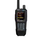Uniden SDS100 digital scanner close-up showing color display with active radio channel information