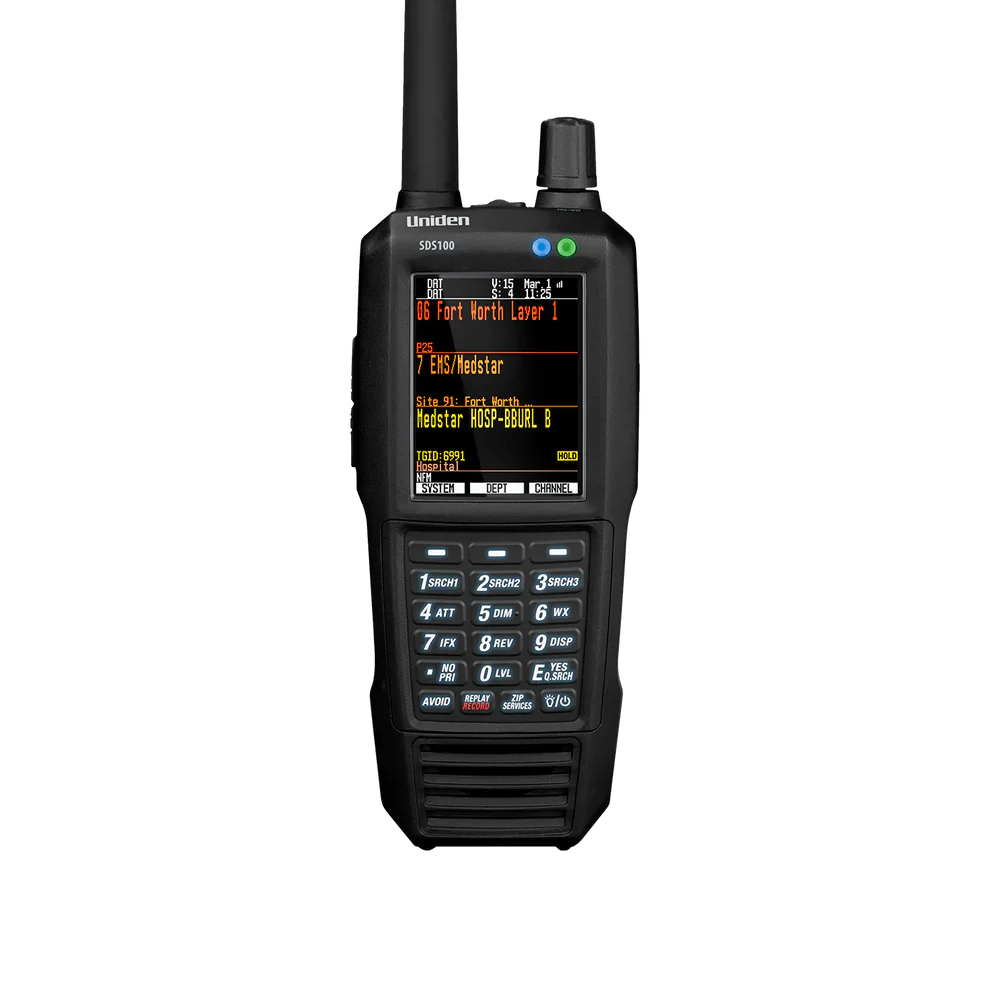 Uniden SDS100 digital scanner close-up showing color display with active radio channel information