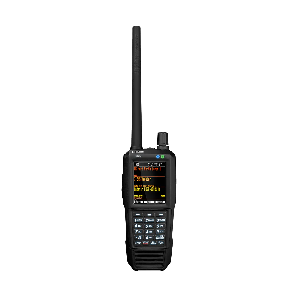 Uniden SDS100 handheld police scanner with wrist strap and antenna for portable scanning
