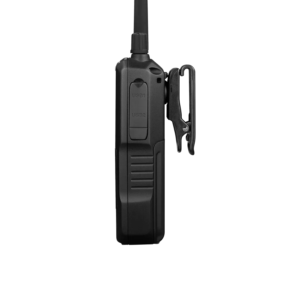 Uniden SDS100 side view showing USB ports, control buttons, and rugged handheld design