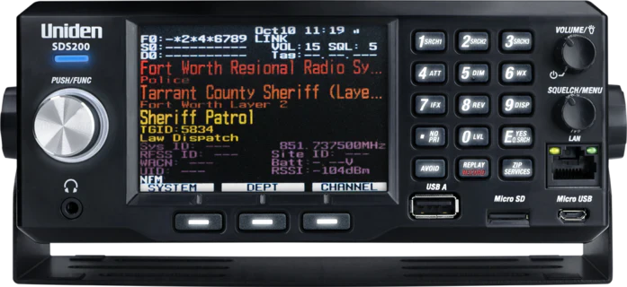Uniden SDS200 base station scanner front panel with color screen showing police radio channels and control buttons