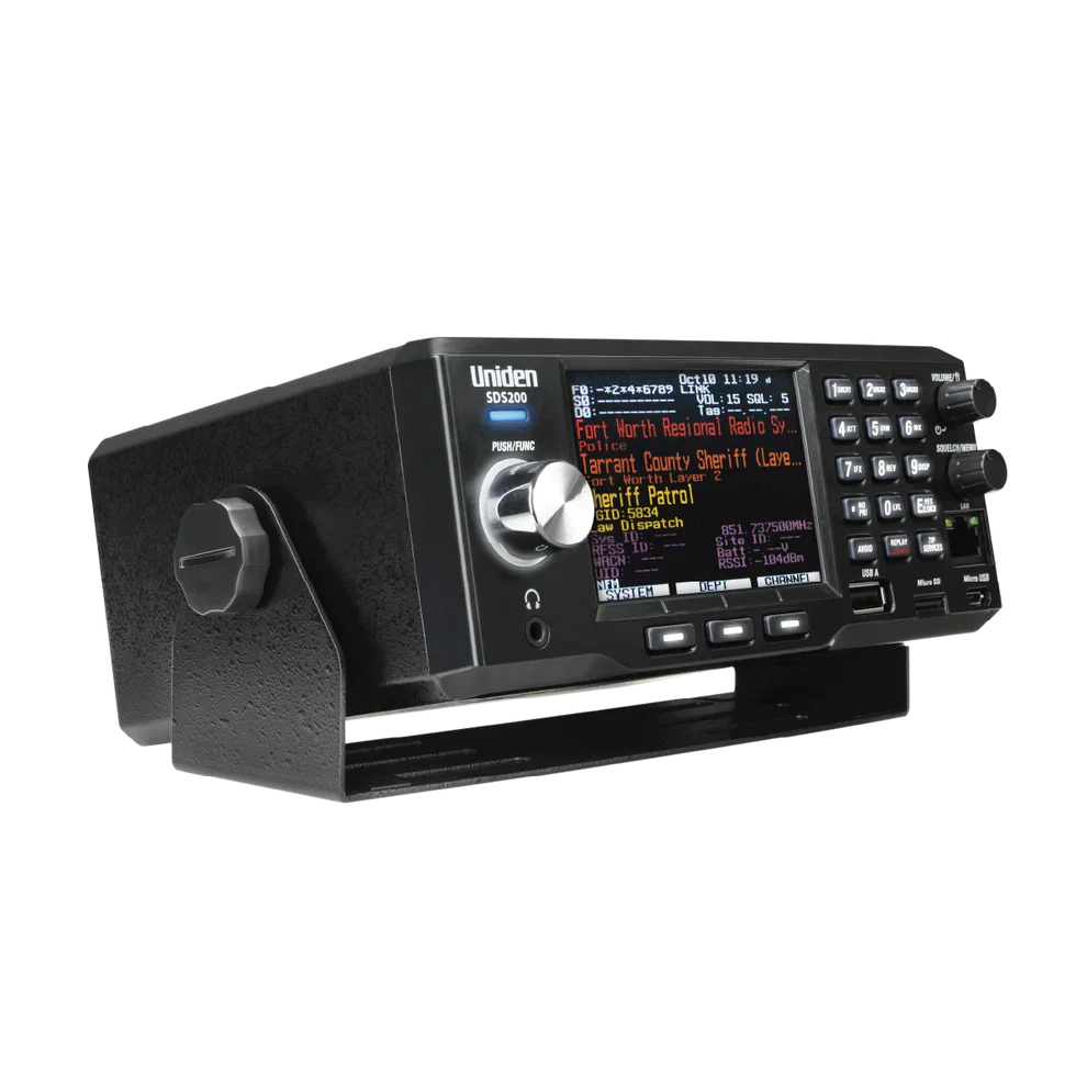 Uniden SDS200 desktop radio scanner side angle view showing mounting bracket and angled control panel design