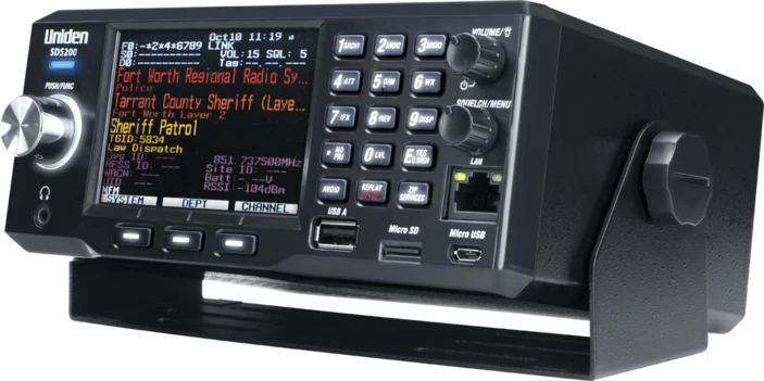 Uniden SDS200 digital police scanner front angled view showing color display keypad controls and desktop mounting bracket