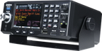 Uniden SDS200 digital police scanner front angled view showing color display keypad controls and desktop mounting bracket