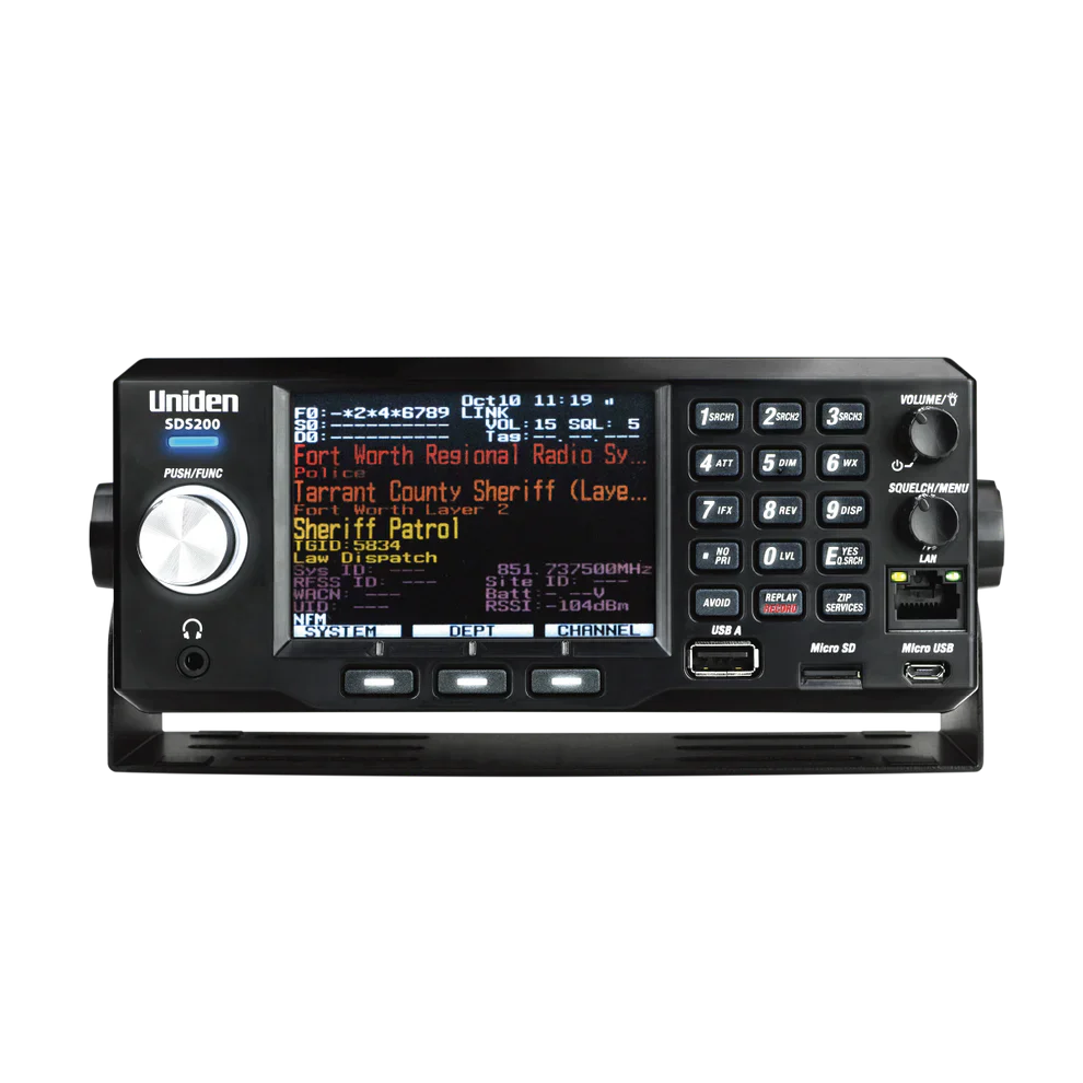 Uniden SDS200 digital trunking scanner front view with large display numeric keypad and control knobs