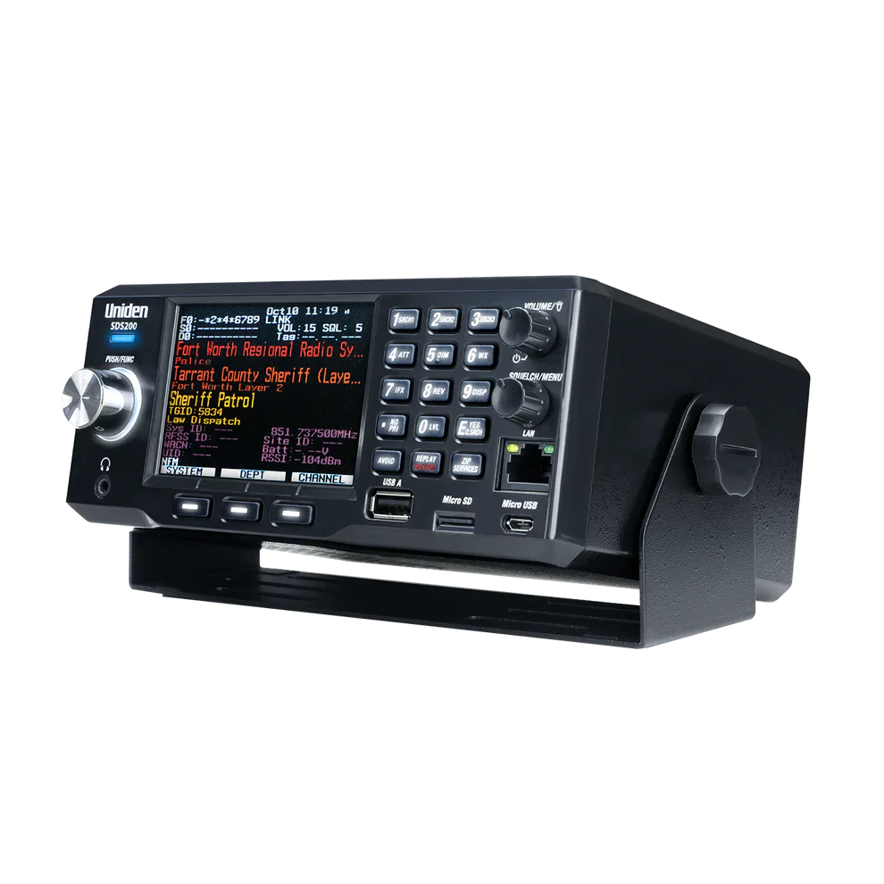 Uniden SDS200 police scanner wide angle view highlighting display screen keypad and user interface