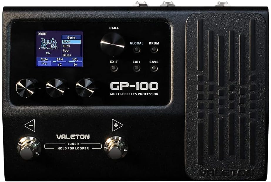 Valeton GP-100 multi effects processor close up showing control panel display knobs and expression pedal