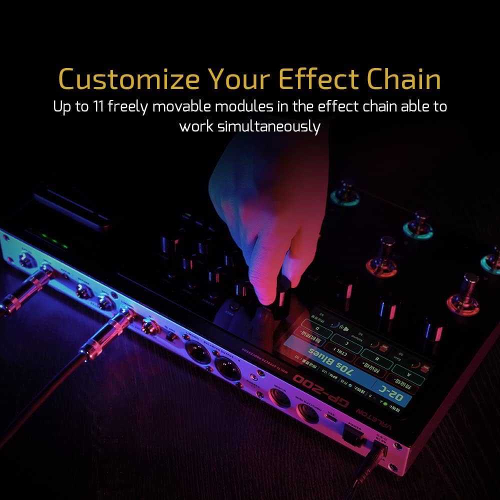 Valeton GP-200 guitar processor customizing effect chain with multiple modules and real time control