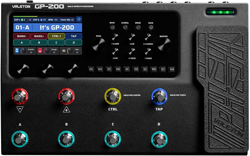 Valeton GP-200 multi effects processor front view with expression pedal LCD display and multiple footswitch controls