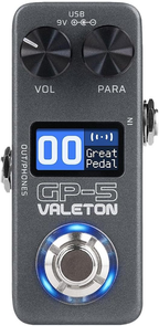 Valeton GP-5 compact multi effects pedal close up showing display screen volume and parameter knobs