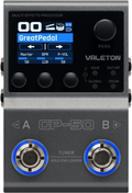 Valeton GP-50 multi effects processor front view showing dual footswitches LCD screen and control knobs