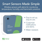 Wireless temperature humidity and barometric pressure sensor with easy setup customizable alerts and water resistant design