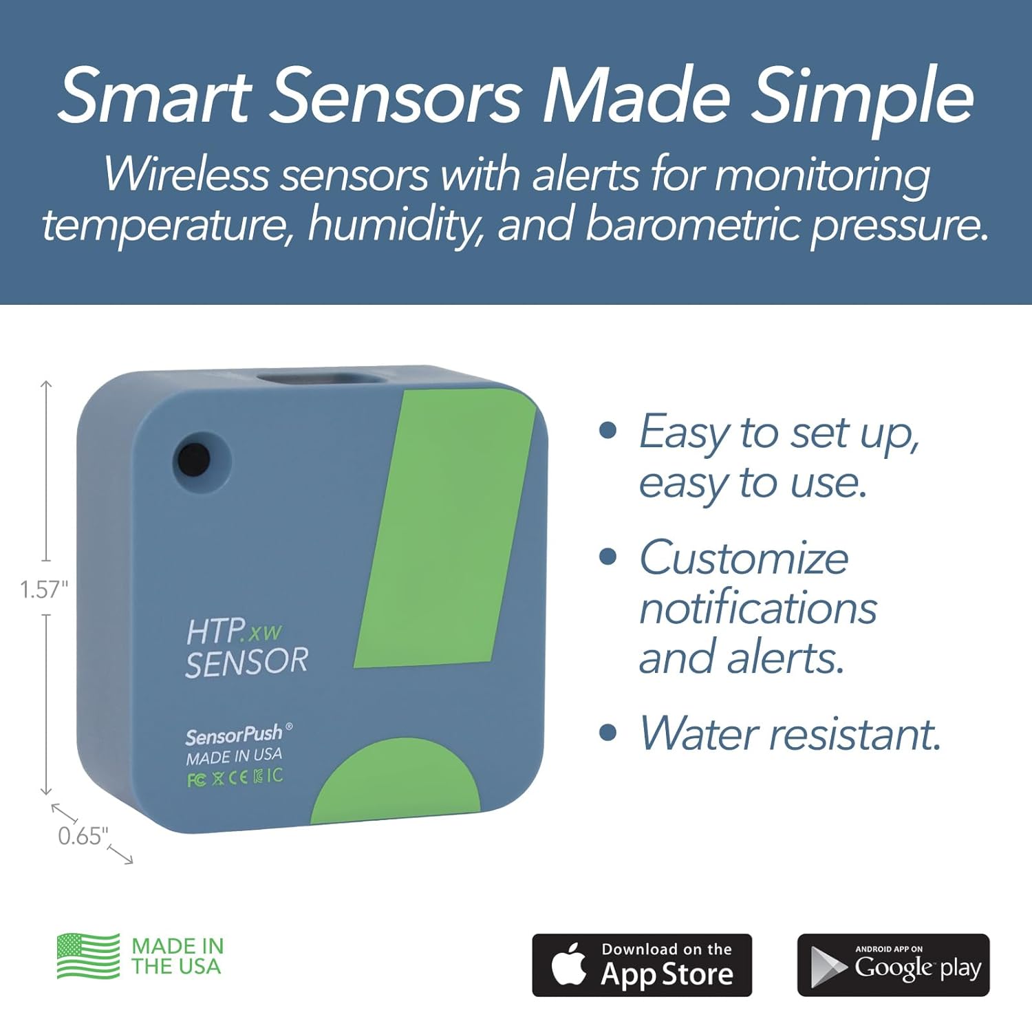 Wireless temperature humidity and barometric pressure sensor with easy setup customizable alerts and water resistant design