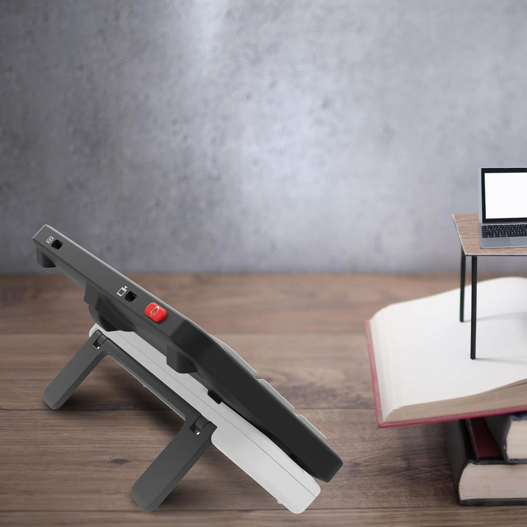 Zoomax Luna 6 video magnifier placed on desk with adjustable stand for hands free reading