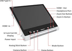 Zoomax Snow 12 video magnifier showing buttons, HDMI ports, USB Type C, and control layout
