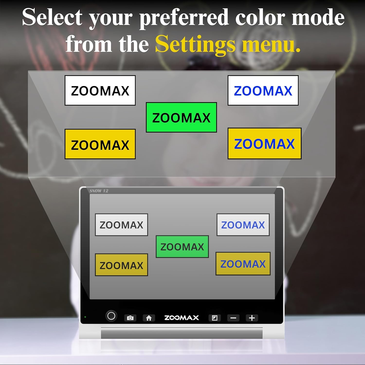 Zoomax Snow 12 video magnifier with multiple color contrast modes for low vision users