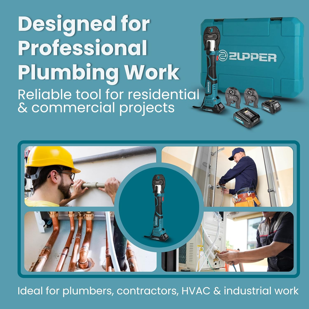 Zupper electric copper crimper tool used by plumbers and HVAC technicians for residential and commercial pipe installation