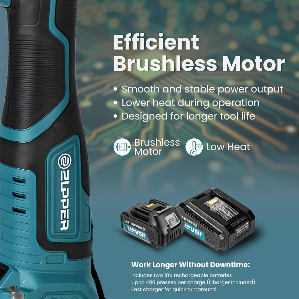 Zupper crimping tool with OLED display showing battery level press count and system alerts